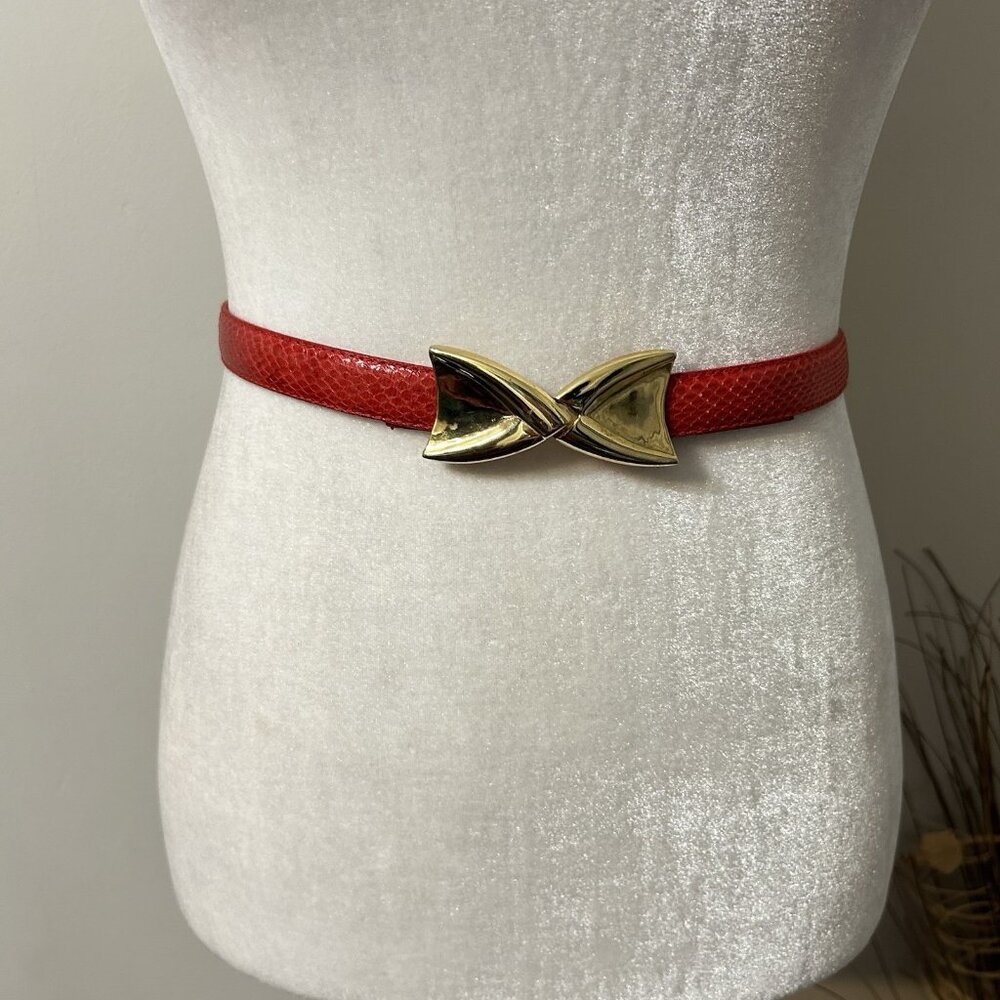 Vtg Dame Genuine Snake Skin Belt Red Sz S / M Gold Tone Buckle Adjustable Belt